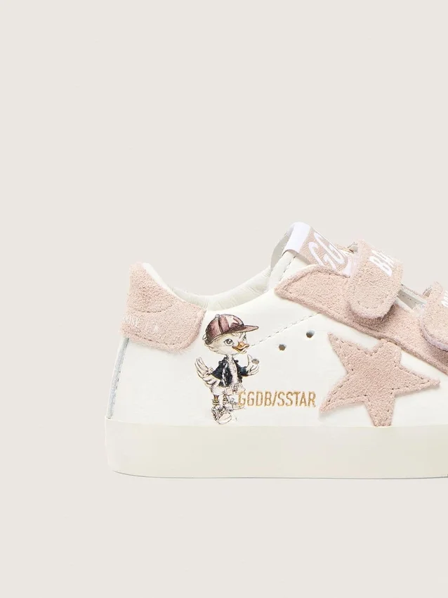 Baby School en cuir nappa avec étoile en daim rose et imprimé mascotte