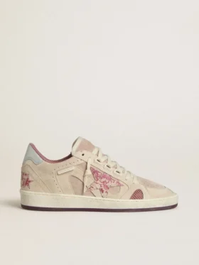 Ball Star LTD pour femme en daim rose et beige avec languette de talon en cuir gris perle