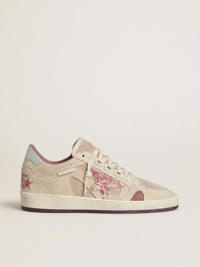 Ball Star LTD pour femme en daim rose et beige avec languette de talon en cuir gris perle