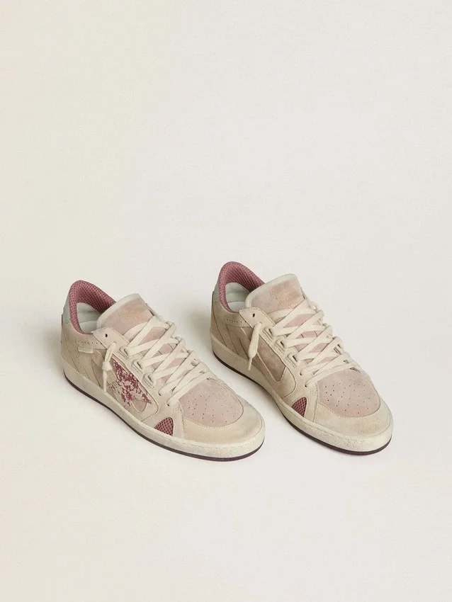 Ball Star LTD pour femme en daim rose et beige avec languette de talon en cuir gris perle
