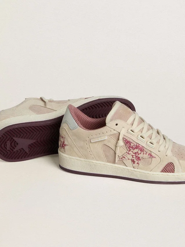 Ball Star LTD pour femme en daim rose et beige avec languette de talon en cuir gris perle