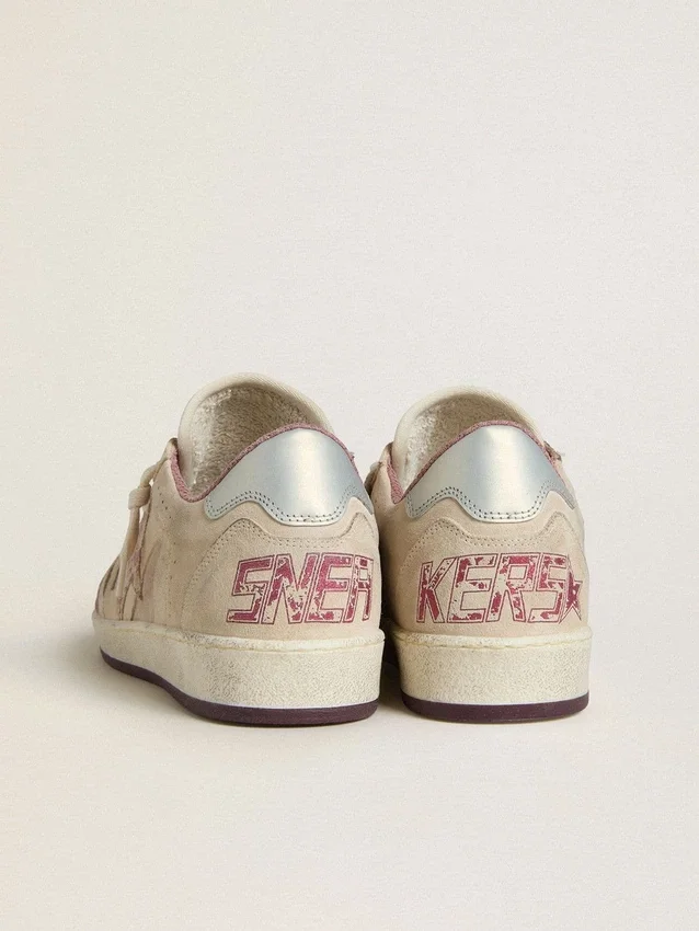 Ball Star LTD pour femme en daim rose et beige avec languette de talon en cuir gris perle