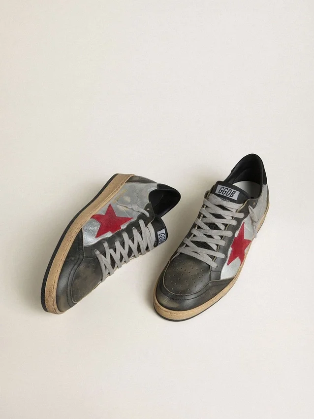 Ball Star LTD pour homme en cuir laminé argenté avec étoile en daim rouge et empiècements noirs