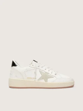 Ball Star avec étoile en daim gris glacé et languette de talon en cuir noir brillant