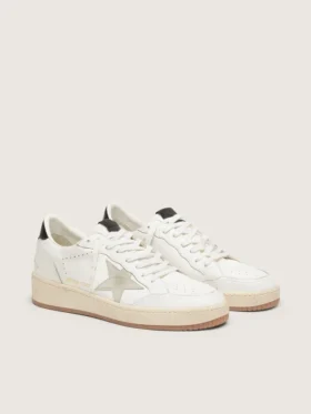 Ball Star pour femme avec étoile en daim gris glacé et languette de talon en cuir noir brillant