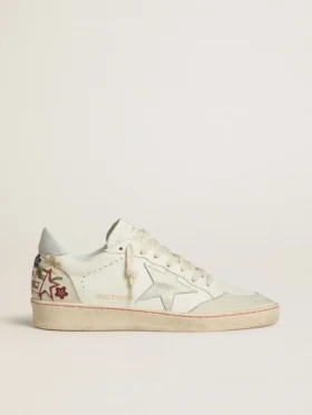 Ball Star pour femme en cuir avec étoile en daim platine et broderie florale multicolore