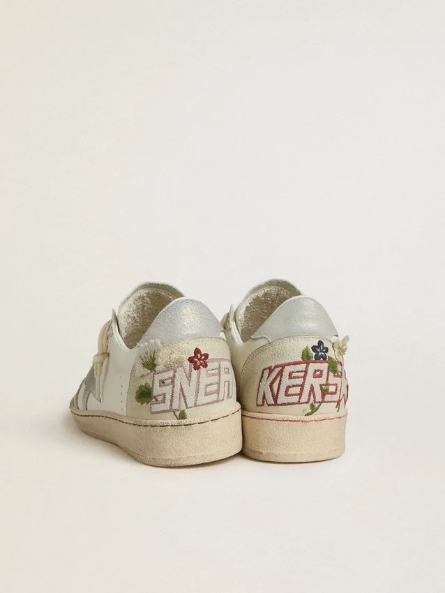Ball Star pour femme en cuir avec étoile en daim platine et broderie florale multicolore