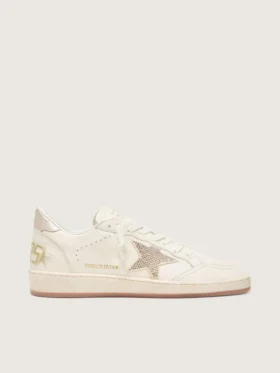Ball Star pour femme en cuir blanc avec étoile en cristal et languette métallique au talon
