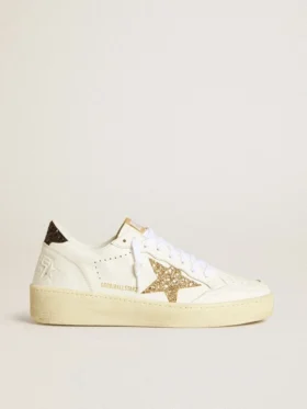 Ball Star pour femme en cuir blanc avec étoile pailletée dorée et languette de talon pailletée noire