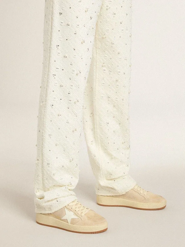 Ball Star pour femme en daim beige avec étoile et languette de talon en cuir blanc