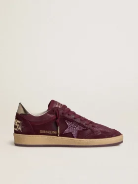 Ball Star pour femme en daim bordeaux avec étoile en cristal et languette de talon en cuir métallisé
