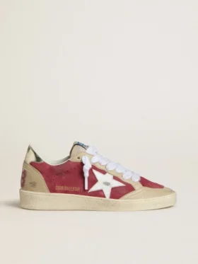 Ball Star pour femme en daim rouge avec étoile en daim craquelé blanc et languette de talon en cuir platine