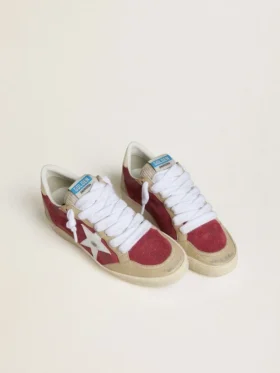 Ball Star pour femme en daim rouge avec étoile en daim craquelé blanc et languette de talon en cuir platine