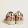 Ball Star pour femme en daim rouge avec étoile en daim craquelé blanc et languette de talon en cuir platine