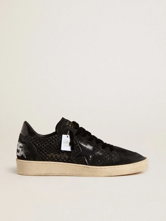 Ball Star pour femme en mesh avec cristaux Swarovski, étoile et languette de talon en cuir laminé noir