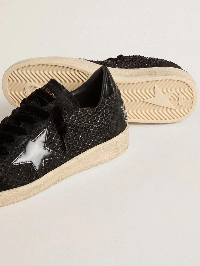 Ball Star pour femme en mesh avec cristaux Swarovski, étoile et languette de talon en cuir laminé noir