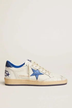 Ball Star pour femme en nappa blanc avec étoile et languette au talon en cuir métallisé bleu vif