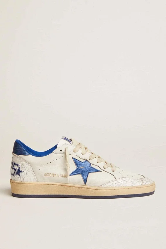 Ball Star pour femme en nappa blanc avec étoile et languette au talon en cuir métallisé bleu vif