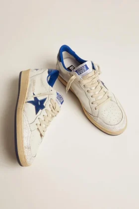 Ball Star pour femme en nappa blanc avec étoile et languette au talon en cuir métallisé bleu vif