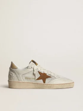 Ball Star pour femme en nappa blanc et maille, avec étoile en nubuck couleur tabac et languette de talon beige