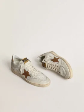 Ball Star pour femme en nappa blanc et maille, avec étoile en nubuck couleur tabac et languette de talon beige