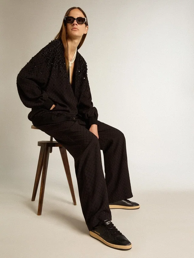 Ball Star pour femme en nappa noir avec étoile pailletée noire et languette de talon en daim