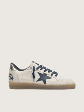 Ball Star pour homme en cuir blanc avec étoile en cuir bleu foncé et languette de talon en cuir laminé argenté