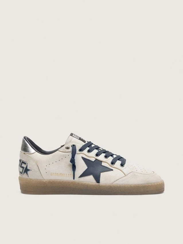 Ball Star pour homme en cuir blanc avec étoile en cuir bleu foncé et languette de talon en cuir laminé argenté