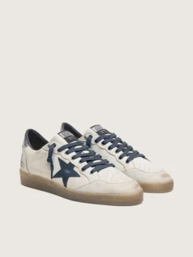 Ball Star pour homme en cuir blanc avec étoile en cuir bleu foncé et languette de talon en cuir laminé argenté