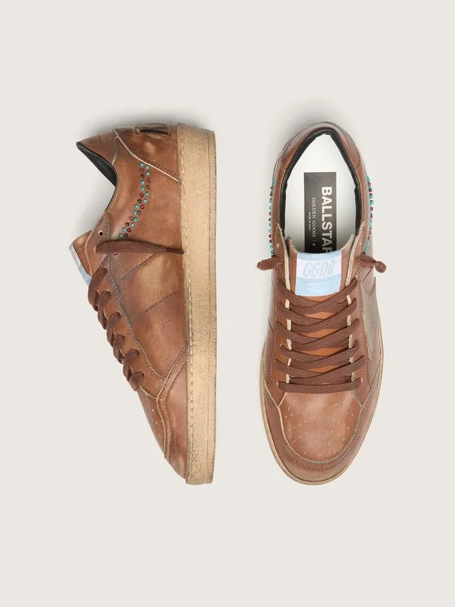 Ball Star pour homme en cuir marron avec étoile en daim beige et perles