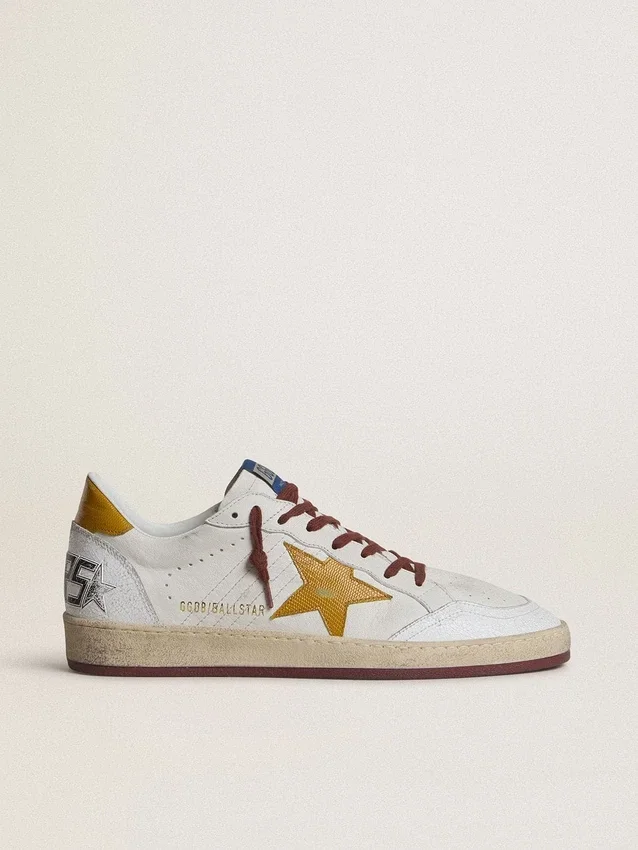 Ball Star pour homme en cuir nappa blanc avec étoile et languette au talon en cuir à imprimé animalier jaune