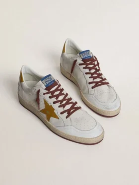 Ball Star pour homme en cuir nappa blanc avec étoile et languette au talon en cuir à imprimé animalier jaune