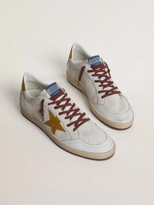 Ball Star pour homme en cuir nappa blanc avec étoile et languette au talon en cuir à imprimé animalier jaune
