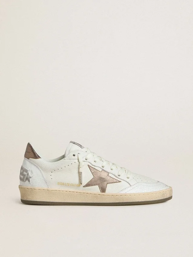 Ball Star pour homme en cuir nappa blanc avec étoile et languette au talon en cuir laminé couleur bronze