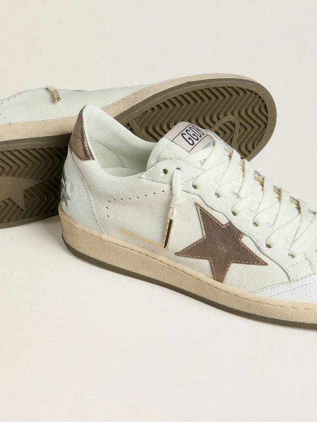 Ball Star pour homme en cuir nappa blanc avec étoile et languette au talon en cuir laminé couleur bronze
