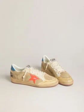 Ball Star pour homme en daim beige avec étoile en cuir corail et languette de talon en nappa bleue