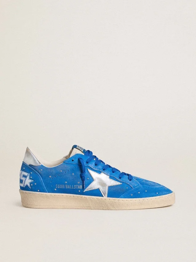 Ball Star pour homme en daim bleu clair avec clous et étoile en cuir métallisé argenté
