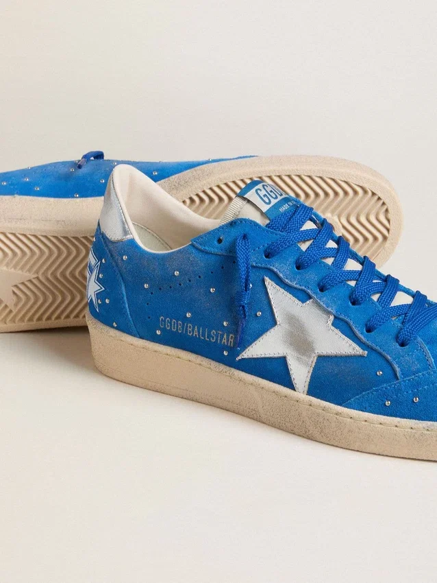 Ball Star pour homme en daim bleu clair avec clous et étoile en cuir métallisé argenté