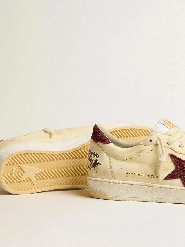 Ball Star pour homme en nappa beige avec étoile et languette de talon en mesh bordeaux
