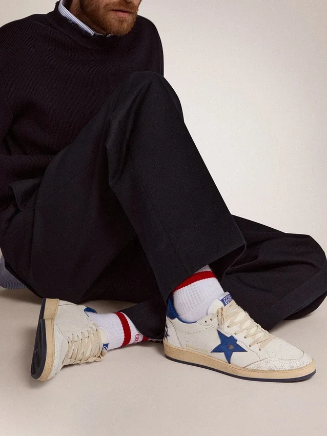 Ball Star pour homme en nappa blanc avec étoile et languette de talon bleues