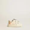 Baskets pour bébé en cuir nappa avec motif de roses roses et étoile en daim blanc