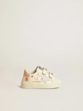 Baskets pour bébé en cuir nappa avec motif de roses roses et étoile en daim blanc