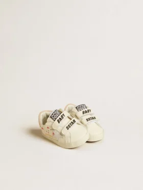 Baskets pour bébé en cuir nappa avec motif de roses roses et étoile en daim blanc