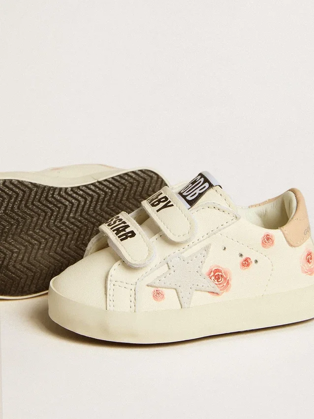 Baskets pour bébé en cuir nappa avec motif de roses roses et étoile en daim blanc