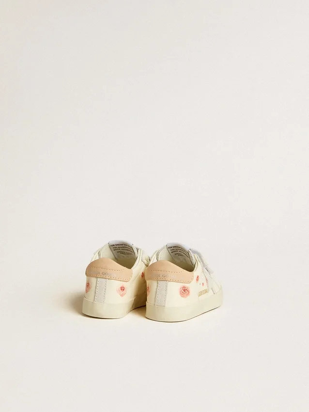 Baskets pour bébé en cuir nappa avec motif de roses roses et étoile en daim blanc