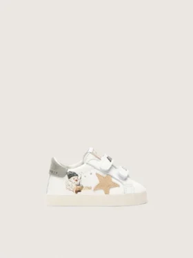 Baskets pour bébé en cuir nappa avec étoile en daim beige et imprimé mascotte
