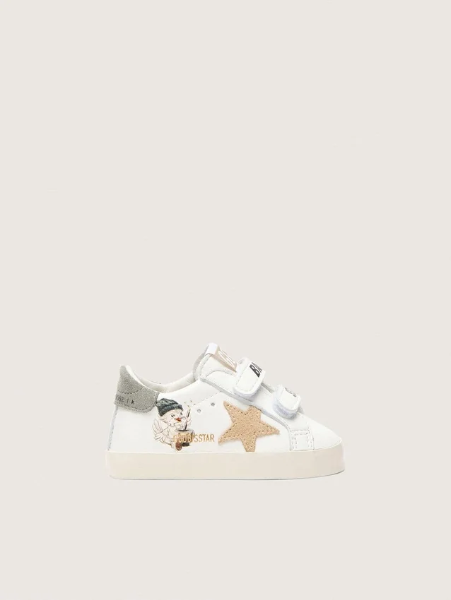 Baskets pour bébé en cuir nappa avec étoile en daim beige et imprimé mascotte