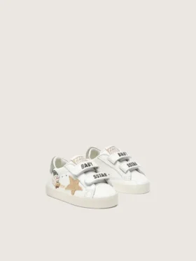 Baskets pour bébé en cuir nappa avec étoile en daim beige et imprimé mascotte