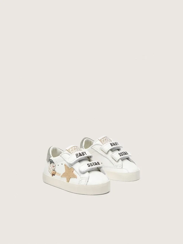 Baskets pour bébé en cuir nappa avec étoile en daim beige et imprimé mascotte