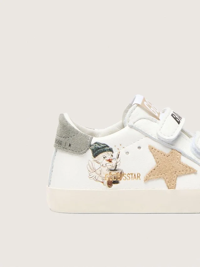 Baskets pour bébé en cuir nappa avec étoile en daim beige et imprimé mascotte